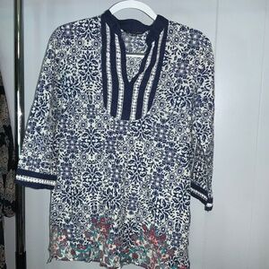 Brooks Brothers Paisley Mixed media Long Sleeve V Neck  cotton tunic top Sz XS